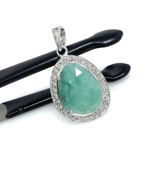 Emerald Diamond Pendant, Natural Emerald Sterling Silver Pendant, May