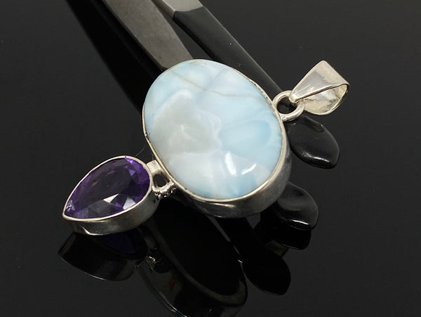 Natural Larimar and Amethyst Gemstone Pendant, Sterling Silver