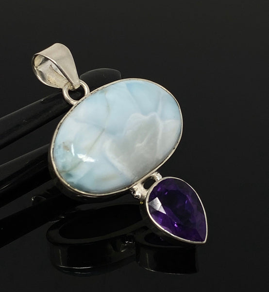 Natural Larimar and Amethyst Gemstone Pendant, Sterling Silver