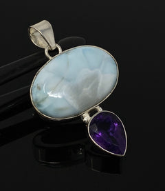 Natural Larimar and Amethyst Gemstone Pendant, Sterling Silver