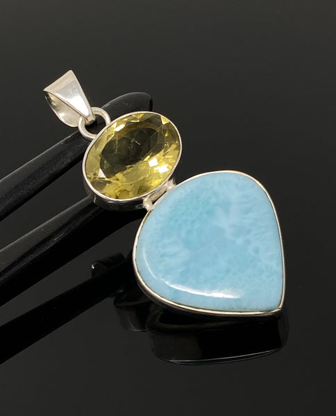 Gemstone Pendant - Larimar and Lemon Quartz, Bohemian Jewelry, Larimar