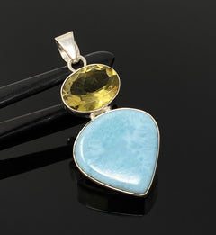 Gemstone Pendant - Larimar and Lemon Quartz, Bohemian Jewelry, Larimar