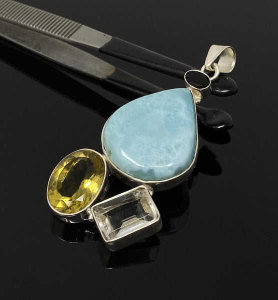 Gemstone Pendant - Larimar, Smokey Quartz and Lemon Quartz, Bohemian