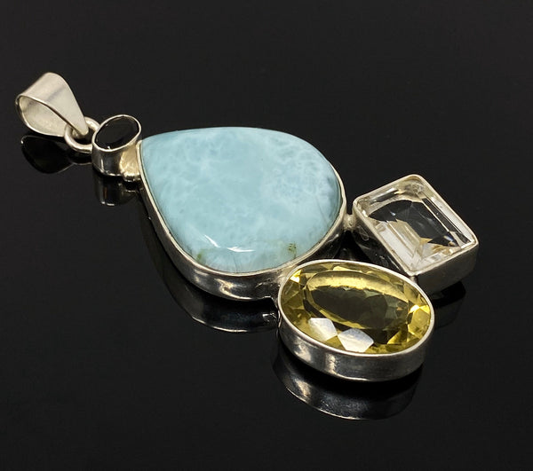 Gemstone Pendant - Larimar, Smokey Quartz and Lemon Quartz, Bohemian