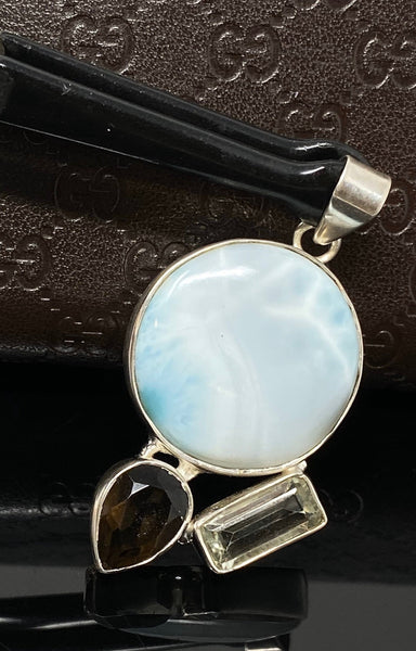 Gemstone Pendant - Larimar, Smokey Quartz and Green Amethyst , Bohemia