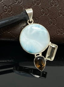 Gemstone Pendant - Larimar, Smokey Quartz and Green Amethyst , Bohemia