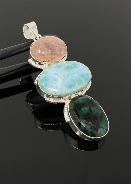 Larimar Gemstone Pendant with Emerald and Morganite , Wire Wrapped