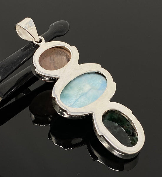 Larimar Gemstone Pendant with Emerald and Morganite , Wire Wrapped