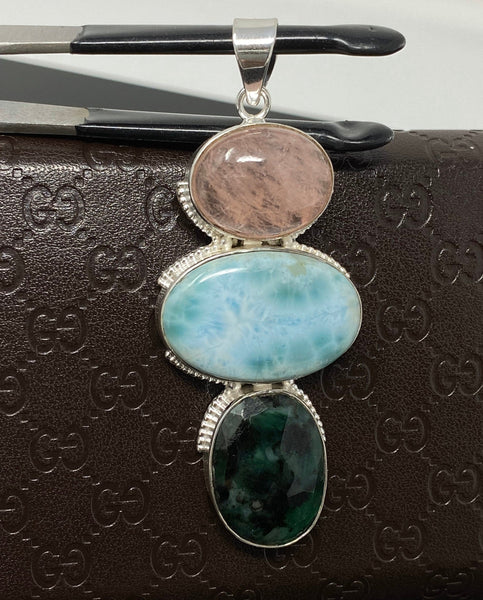 Larimar Gemstone Pendant with Emerald and Morganite , Wire Wrapped