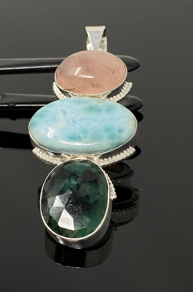 Larimar Gemstone Pendant with Emerald and Morganite , Wire Wrapped