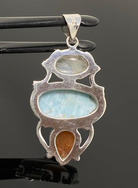 Larimar Gemstone Pendant with Aquamarine and Sunstone, Wire Wrapped