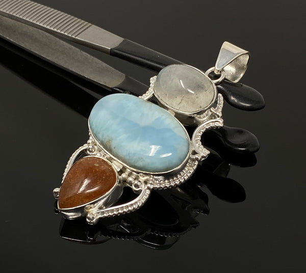 Larimar Gemstone Pendant with Aquamarine and Sunstone, Wire Wrapped