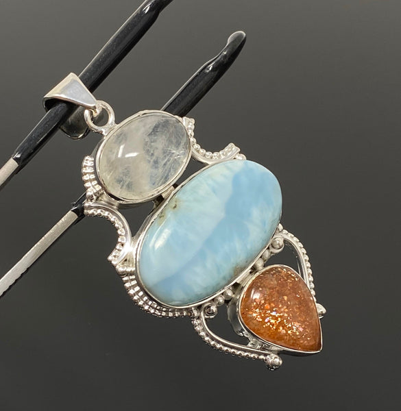 Larimar Gemstone Pendant with Aquamarine and Sunstone, Wire Wrapped