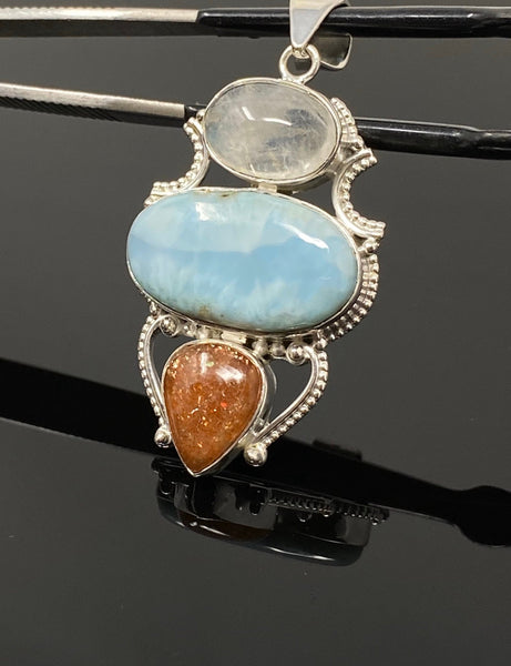 Larimar Gemstone Pendant with Aquamarine and Sunstone, Wire Wrapped