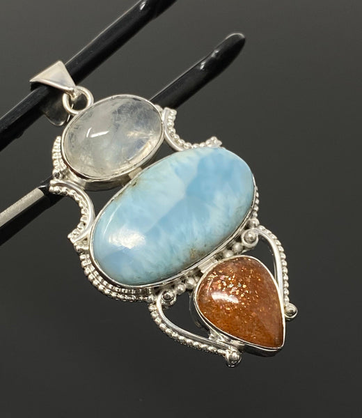 Larimar Gemstone Pendant with Aquamarine and Sunstone, Wire Wrapped