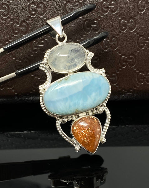 Larimar Gemstone Pendant with Aquamarine and Sunstone, Wire Wrapped