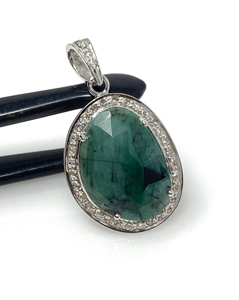 Emerald Diamond Pendant, Natural Emerald Sterling Silver Pendant, May