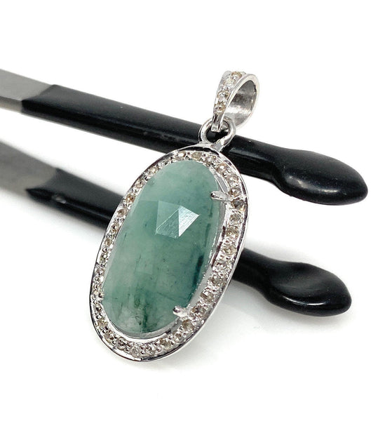 Emerald Diamond Pendant, Natural Emerald Sterling Silver Pendant, May