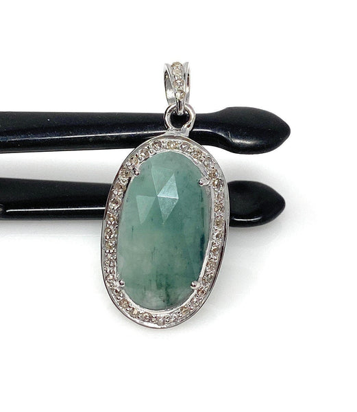 Emerald Diamond Pendant, Natural Emerald Sterling Silver Pendant, May