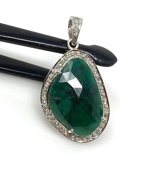 Emerald Diamond Pendant, Natural Emerald Sterling Silver Pendant, May