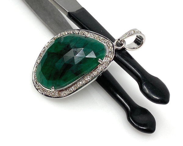 Emerald Diamond Pendant, Natural Emerald Sterling Silver Pendant, May