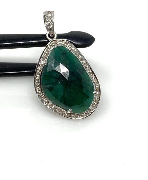 Emerald Diamond Pendant, Natural Emerald Sterling Silver Pendant, May