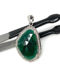 Emerald Diamond Pendant, Natural Emerald Sterling Silver Pendant, May