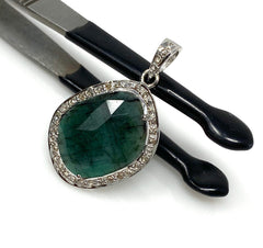 Emerald Diamond Pendant, Natural Emerald Sterling Silver Pendant, May