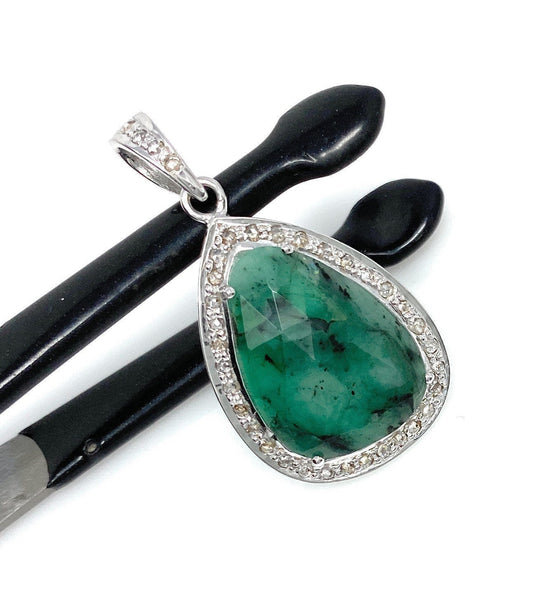 Emerald Diamond Pendant, Natural Emerald Sterling Silver Pendant, May