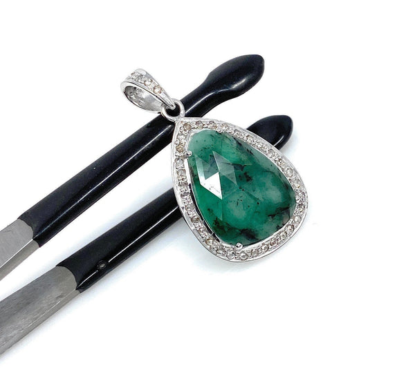 Emerald Diamond Pendant, Natural Emerald Sterling Silver Pendant, May