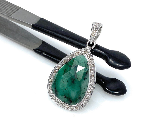 Emerald Diamond Pendant, Natural Emerald Sterling Silver Pendant, May