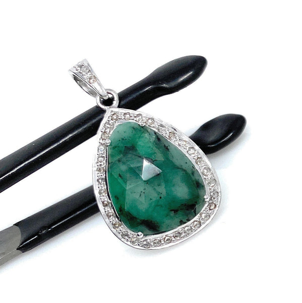 Emerald Diamond Pendant, Natural Emerald Sterling Silver Pendant, May