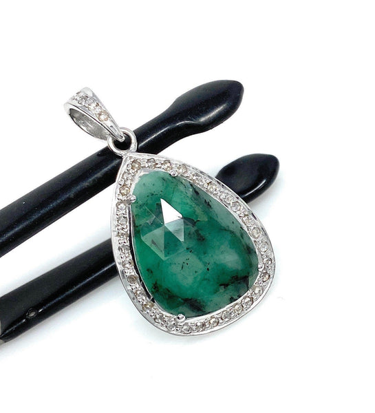 Emerald Diamond Pendant, Natural Emerald Sterling Silver Pendant, May