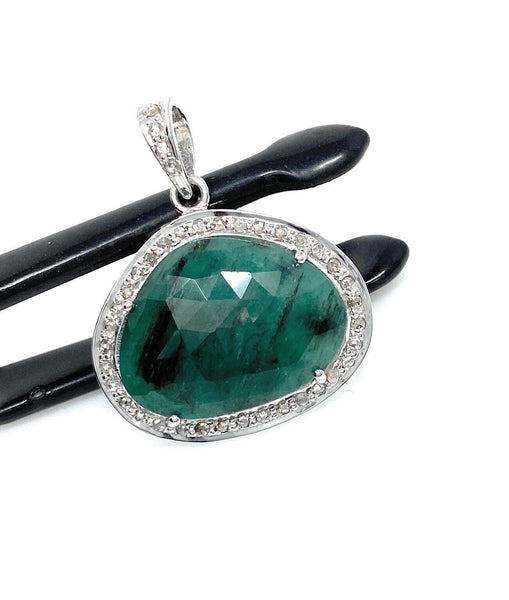 Emerald Diamond Pendant, Natural Emerald Sterling Silver Pendant, May