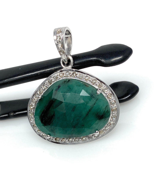 Emerald Diamond Pendant, Natural Emerald Sterling Silver Pendant, May