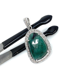 Emerald Diamond Pendant, Natural Emerald Sterling Silver Pendant, May