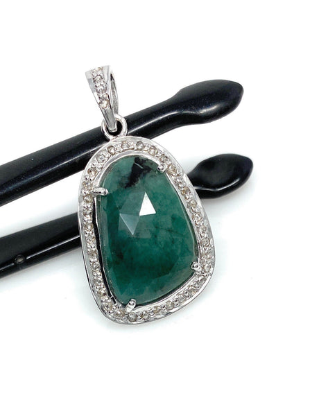 Emerald Diamond Pendant, Natural Emerald Sterling Silver Pendant, May