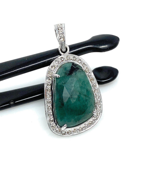 Emerald Diamond Pendant, Natural Emerald Sterling Silver Pendant, May