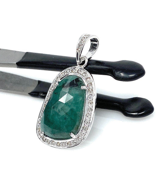 Emerald Diamond Pendant, Natural Emerald Sterling Silver Pendant, May