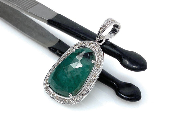 Emerald Diamond Pendant, Natural Emerald Sterling Silver Pendant, May