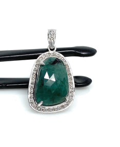 Emerald Diamond Pendant, Natural Emerald Sterling Silver Pendant, May