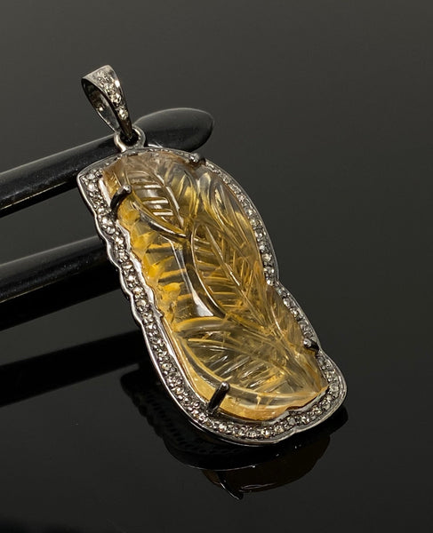 Carved Citrine Diamond Pendant, Pave Diamond Oxidized Sterling Silver