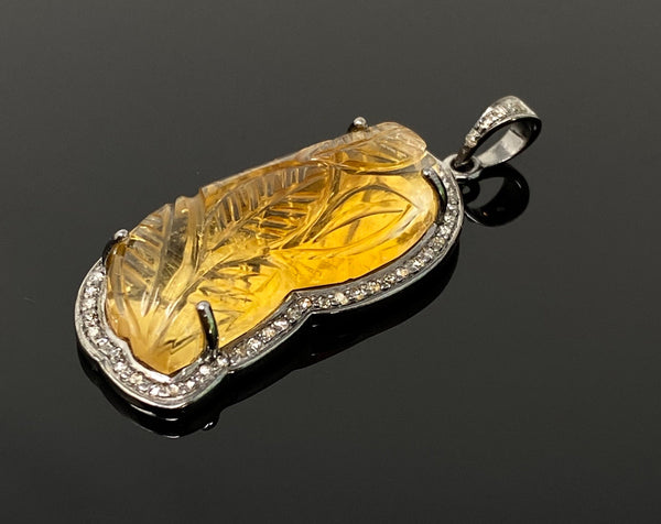 Carved Citrine Diamond Pendant, Pave Diamond Oxidized Sterling Silver