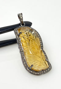 Carved Citrine Diamond Pendant, Pave Diamond Oxidized Sterling Silver