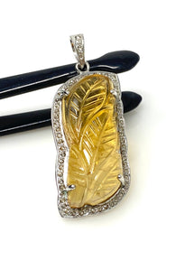 Carved Citrine Diamond Pendant, Pave Diamond Sterling Silver Pendant,