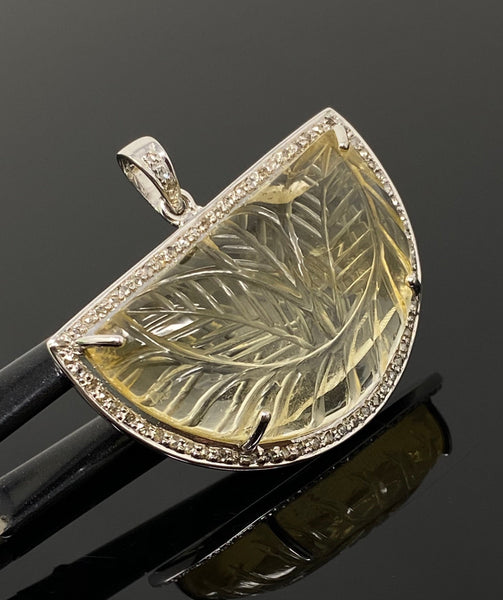 Carved Citrine Diamond Pendant, Pave Diamond Sterling Silver Pendant,