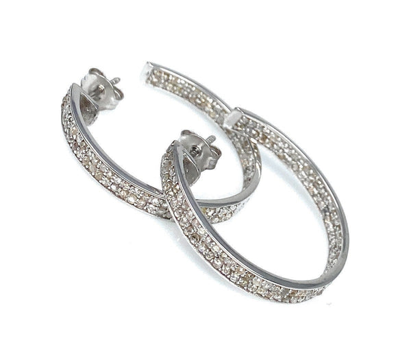 Aretes de aro de diamantes de 25 mm, aretes de diamantes con pavé de plata de ley,