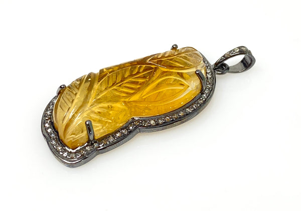 Carved Citrine Diamond Pendant, Pave Diamond Oxidized Sterling Silver