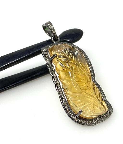 Carved Citrine Diamond Pendant, Pave Diamond Oxidized Sterling Silver