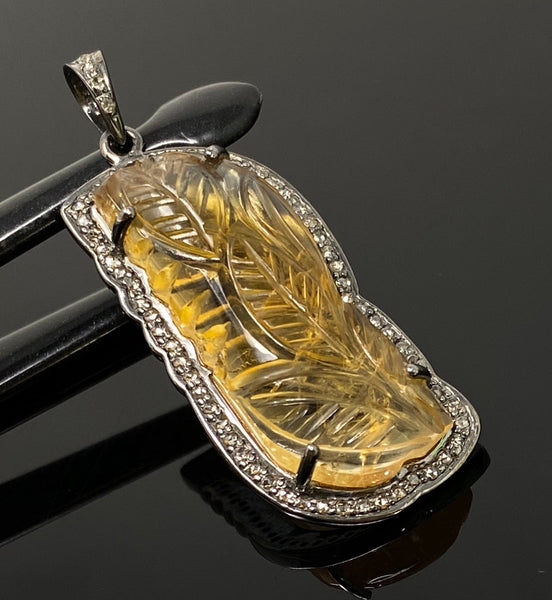 Carved Citrine Diamond Pendant, Pave Diamond Oxidized Sterling Silver